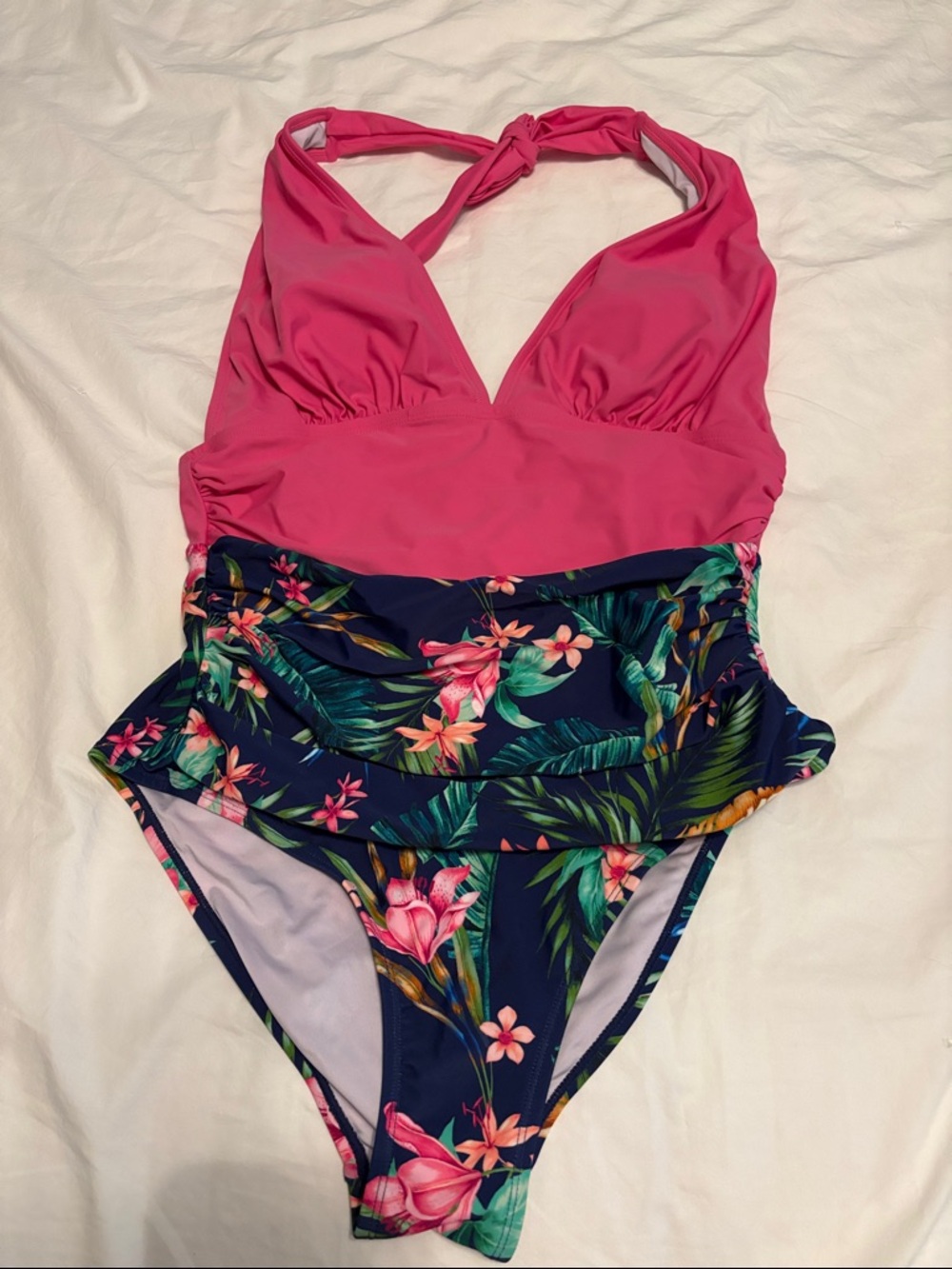 Women's Pink Halter One-Piece Swimsuit with Navy Tropical Print